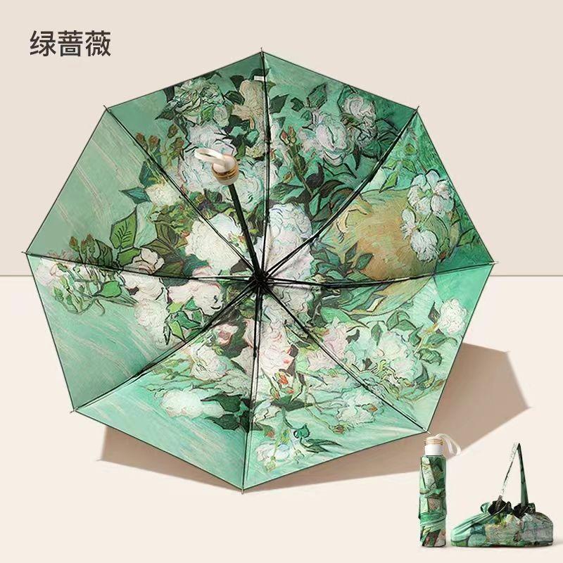Double layered sun umbrella with female illustration hand drawn, compact and convenient folding, sun shading and UV protection, five fold umbrella
