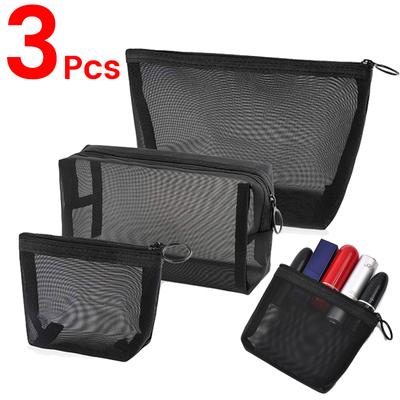 3 pezzi di borse da toeletta in rete nera, borsa da viaggio per il trucco, piccola, grande, organizer per cosmetici, articoli da toeletta, borsa a mano