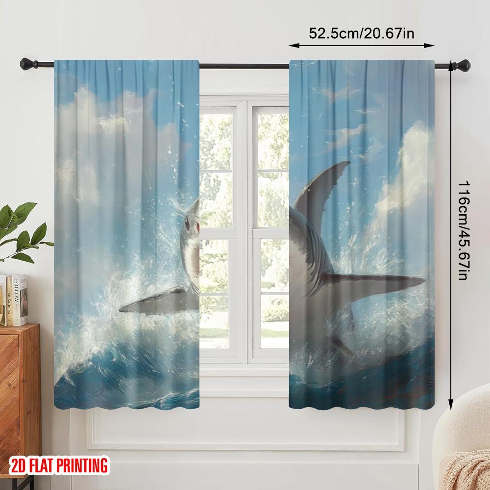 2 Stück, 2D-Flachdruck Kreative Vorhänge SharkRiderCat Strapazierfähiges Polyester (ohne Stange) Dekorationen für Zuhause für verschiedene Räume,