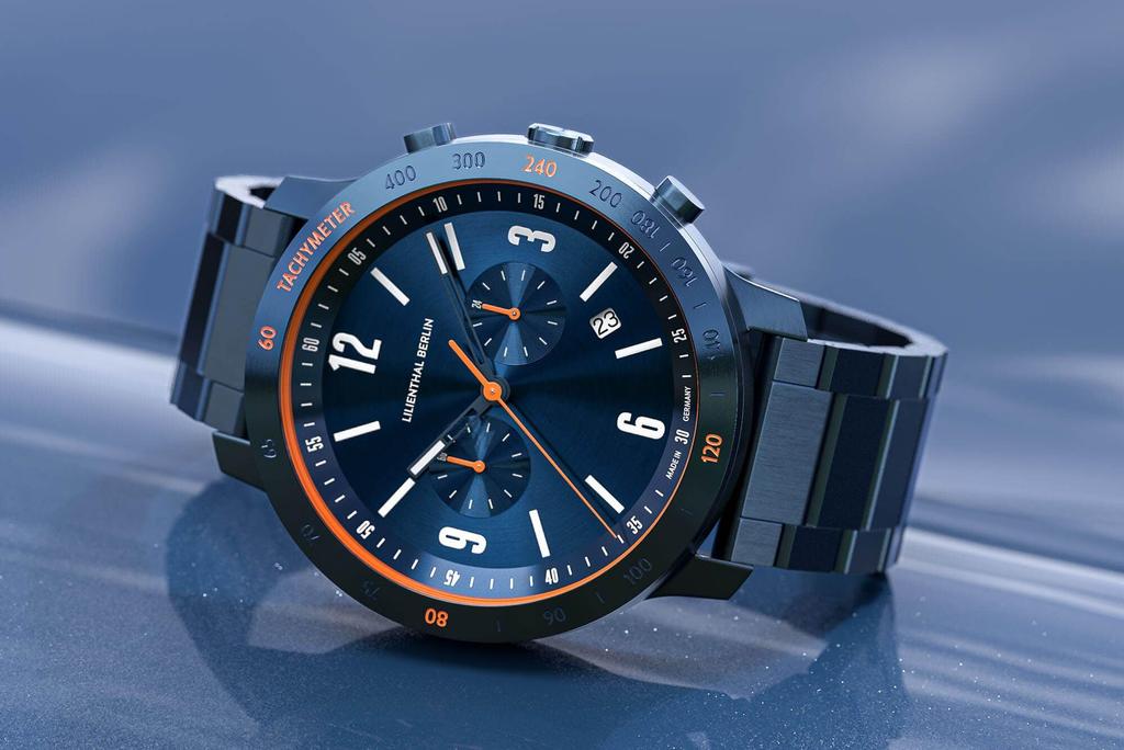 Lilianthal Berlin Chronograph Watch with Date Made in Blue Men's Display, Germany, C02-003-B040EB,