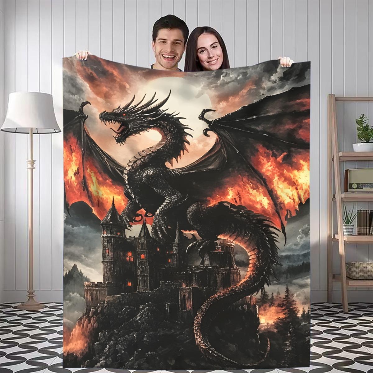 

1pc Dragon and Castle Throw Blanket - Dark Gothic Castle & Dragon Design with Fiery skies - Soft Flannel All-Season Blanket for 75x90cm28x35in