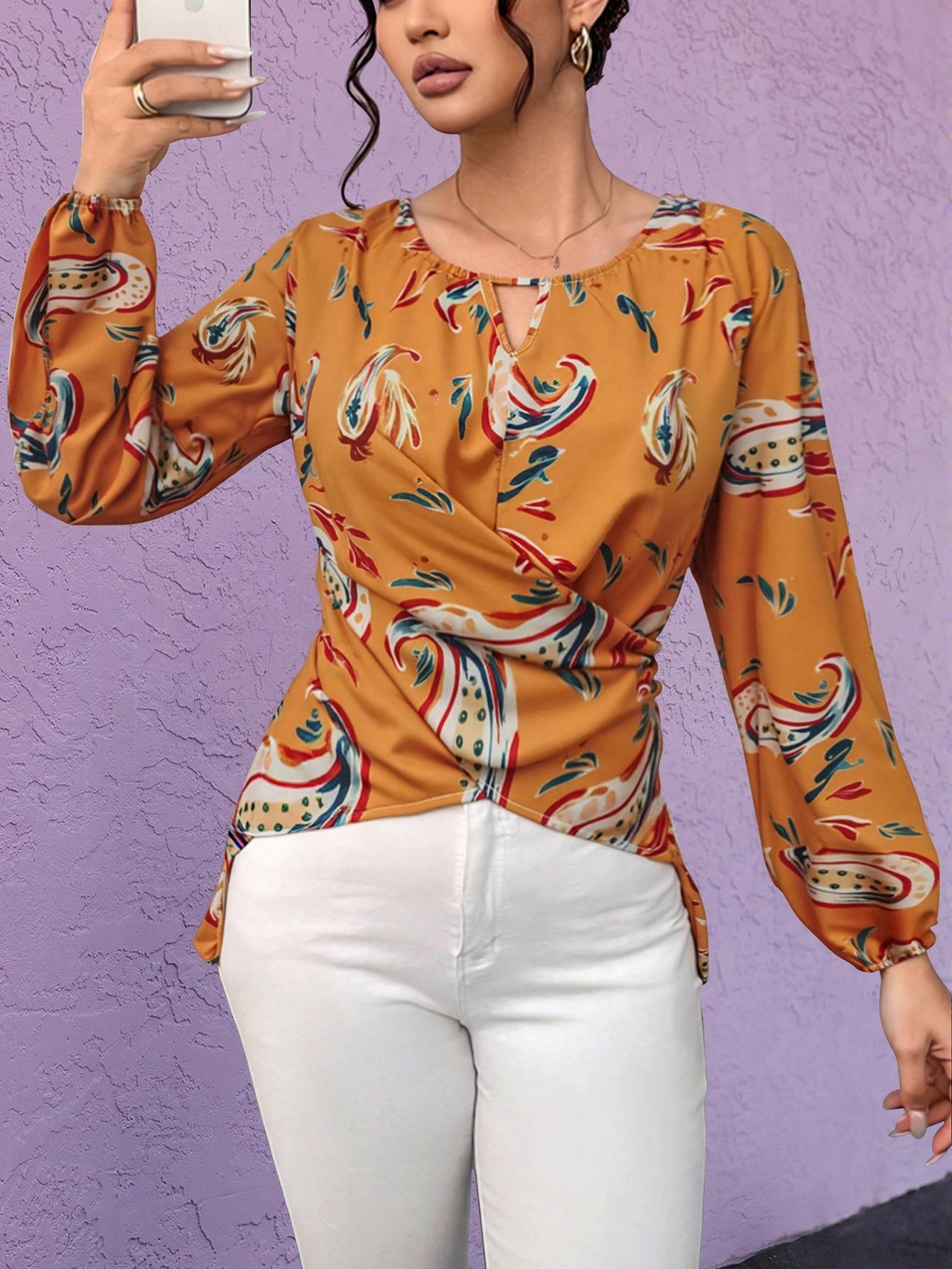 Foreign trade 2025 autumn casual printing v-neck long-sleeved top women s clothing S оранжевый