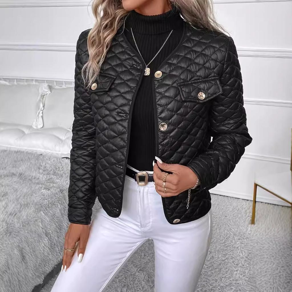 Autumn Winter Women's Black Diamond Quilted Jacket, Cropped Cotton Coat with Thermal Insulation, Short Padded Blazer for Elegant Style