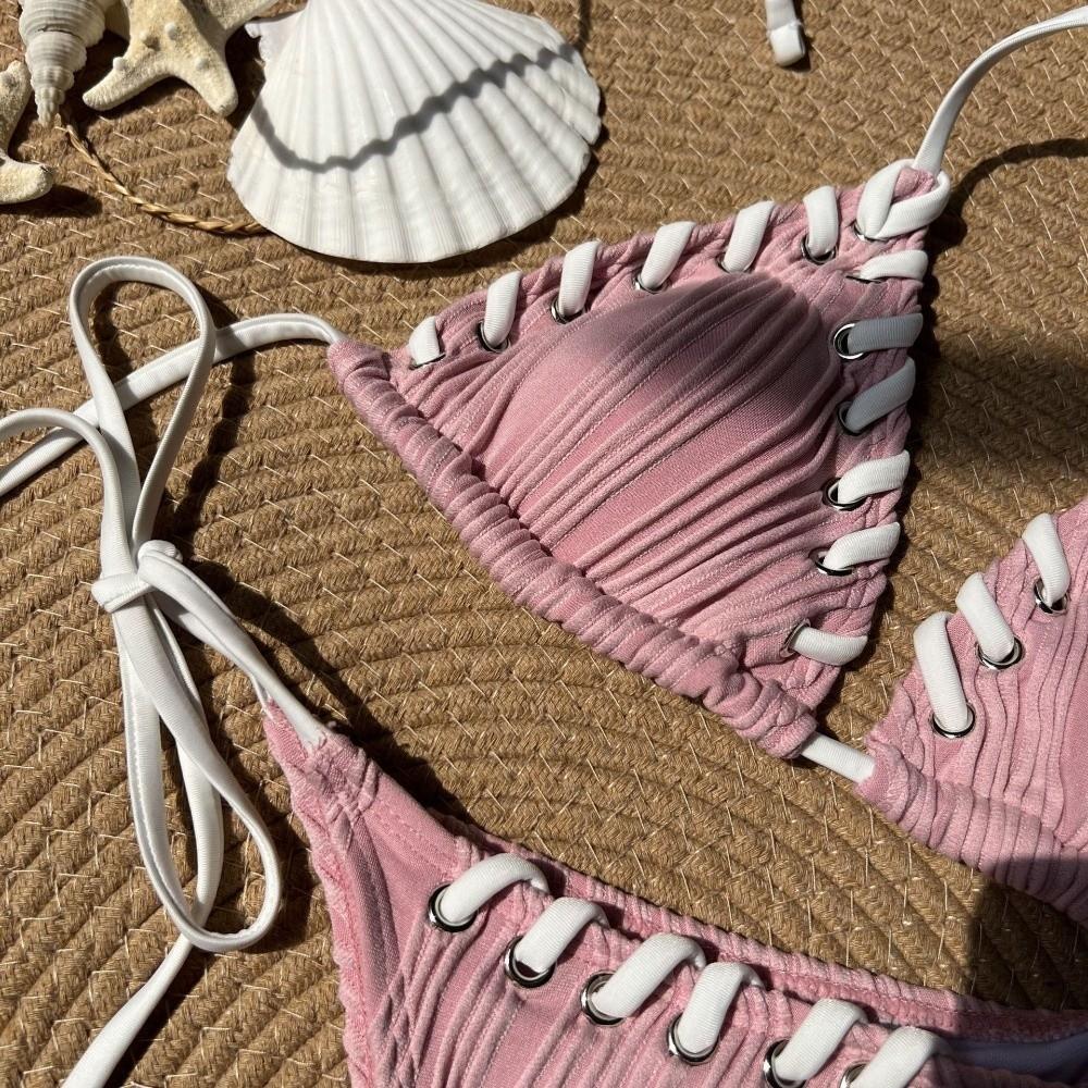 Lace Up Bikini Suit Ruffled Halter Neck Sling Swimsuit Fashion Swimwear Set  Swimming Pool