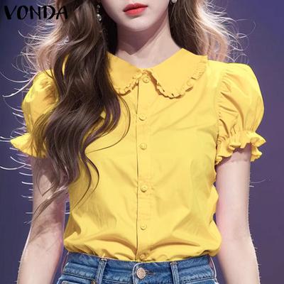 Women Summer Lace Lapel Puff Short Sleeve Shirts