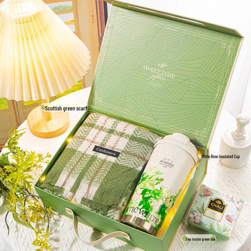 White Rose Insulated Cup Gift Set with Green Scarf and Green Tea
