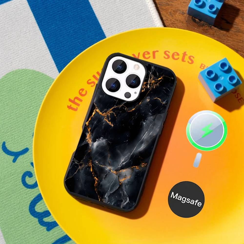 

B-Black Gold Marble Art Phone Case For iPhone 17,16,15,14,13,12,11,Pro,Max,Plus,Mini,SE4,E Magnetic Magsafe Wireless Charging iPhone16e