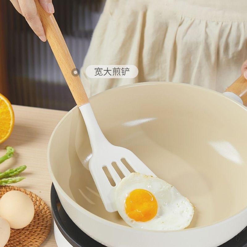 Home Cooking Spoon Frying Spatula Silica Gel Kitchen Tools Wooden Handle Silica Gel Spatula High Temperature Pot Spatula