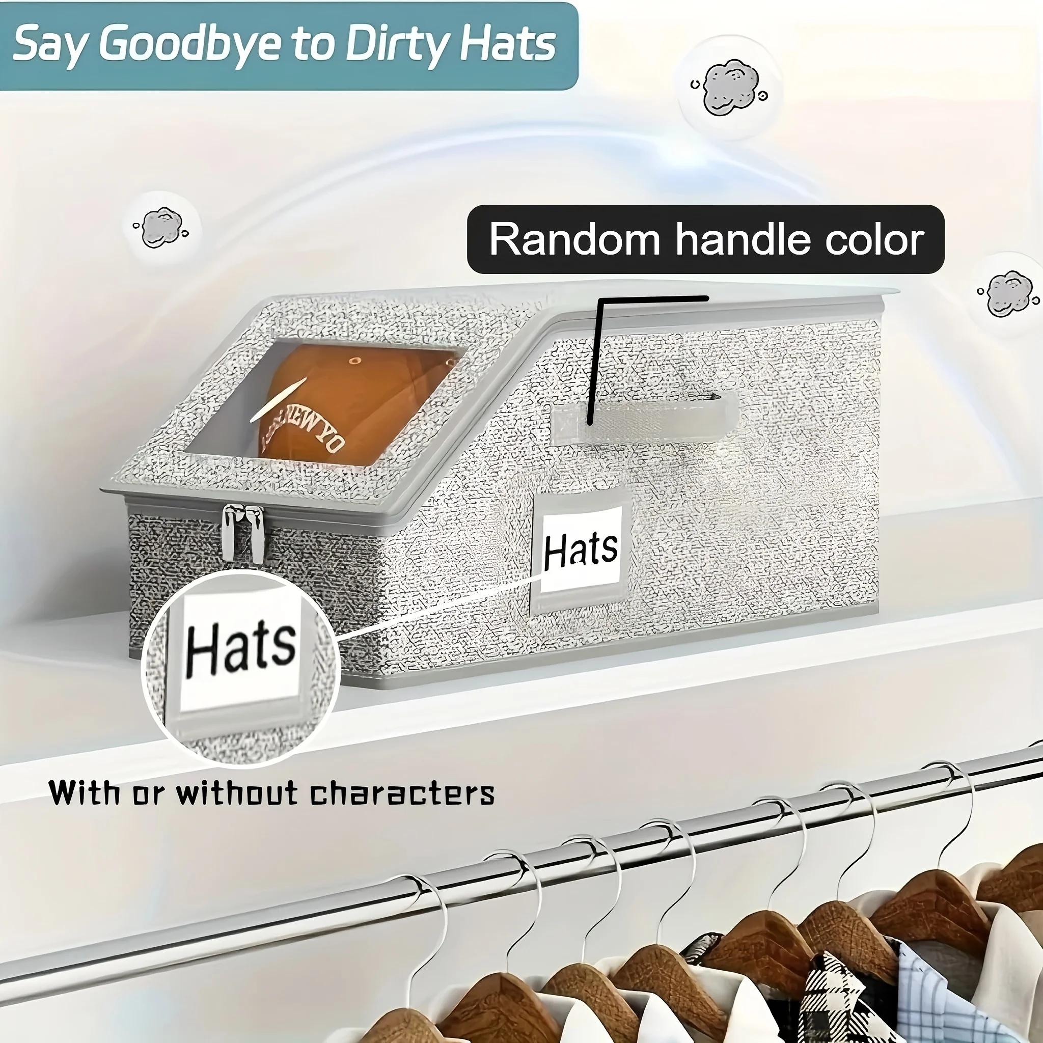 

Stackable baseball cap organizer boxes, large-capacity foldable fabric storage with clear lid and metal handles for clothes hats