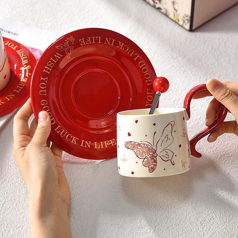 Red Coffee Cup High End and Luxurious High Quality Afternoon Tea Cup Saucer Set with Spoon Souvenir Wedding Gifts