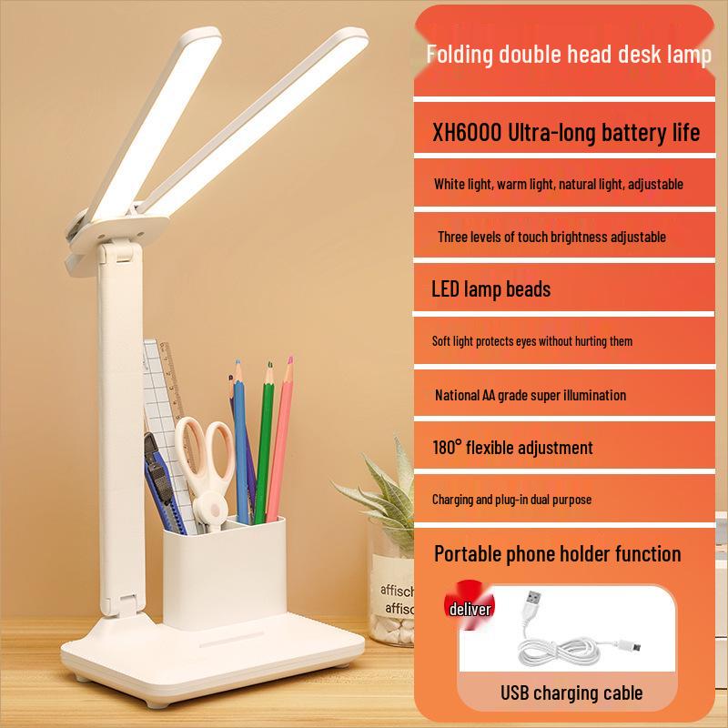 Dual Head LED Table Lamp: Dimmable, Foldable, Plug-in/Rechargeable Bedside Reading Lamp for Dorms and Kids