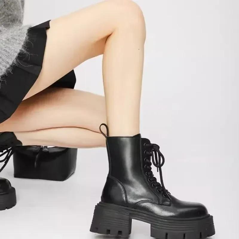 2025 Chunky Heel Black Mid Calf Platform Boots Women Fashion Lace Up Side Zip Design Soft Leather PU Biker Boots for Women Botas