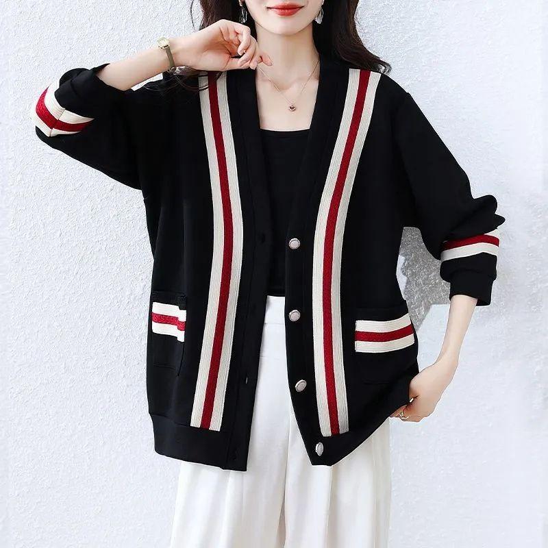 

Жіночий повсякденний вільний светр з довгим рукавом Осінь-Зима Корейський стиль Модний кардиган-топ з контрастними деталями L чорний