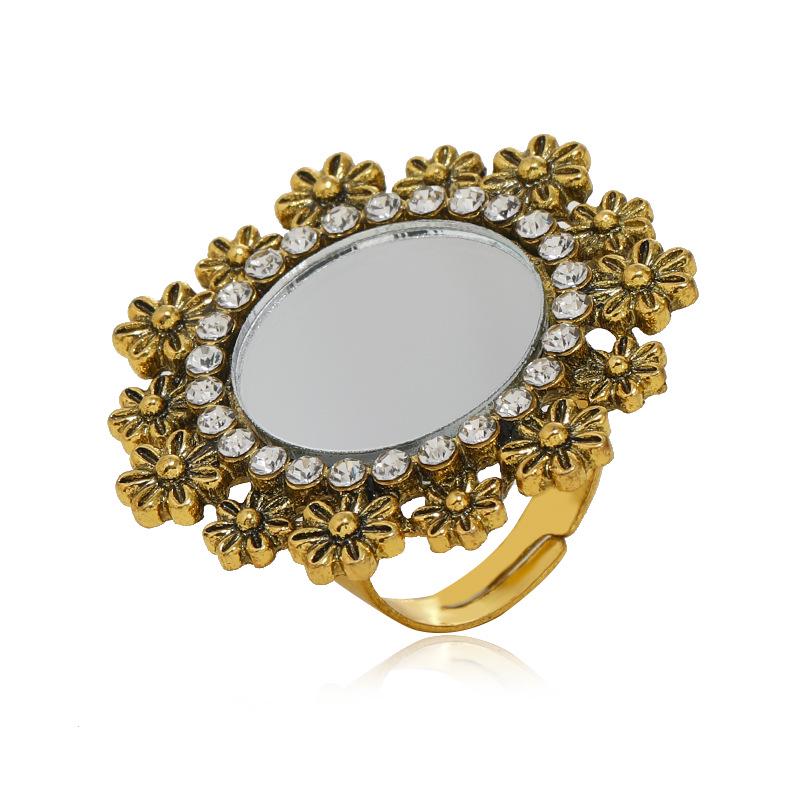 European Bohemian Ethnic Flower Ring: Trendy, Retro, Carved, Diamond-Inlaid, Adjustable. Adjustable Opening