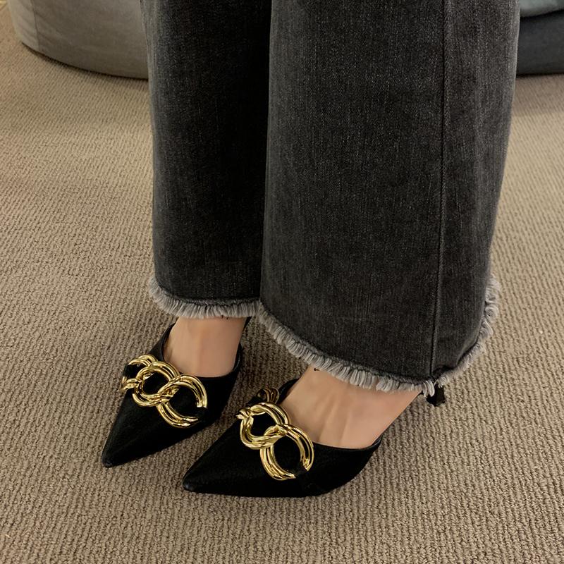 Fashion Metal Chain Stiletto Single Shoes Women's Fashion Pointed Toe Shallow Mouth Slip Foot Non-Slip High Heels