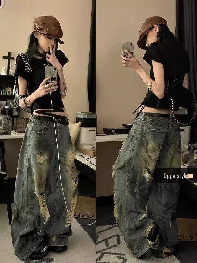 

Женские летние ретро джинсы с рваным эффектом и брызгами краски - Длина в пол, Стиль вываренных прямых штанин 2XL синий