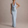 Women's Cowl Neck Sleeveless Maxi Dress Slim Fit Mid Waist Elegant Satin Mermaid Dress