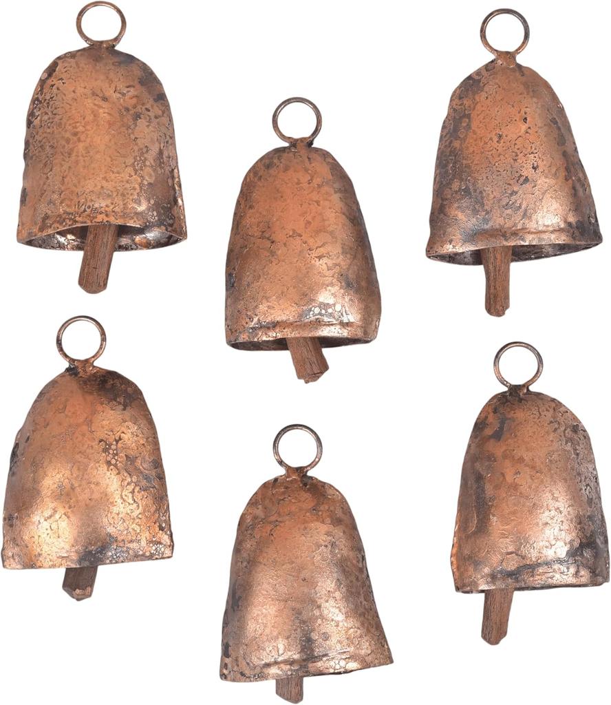 Handmade Cow Bells Set of 6 - Antique Copper Finish Vintage Hanging Ornaments for Rustic Home Decoration and Festive Christmas Tree Display
