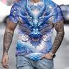 Camiseta masculina com estampa de dragão 3D e flores, top casual levemente elástico e respirável, adequada para o verão ao ar livre
