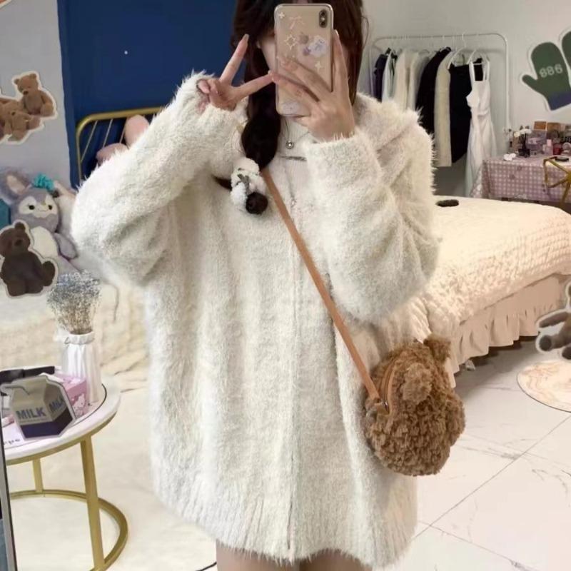 Autumn and winter new hairy hooded knitted cardigan women's loose lazy style thin zipper sweater jacket thickened tide