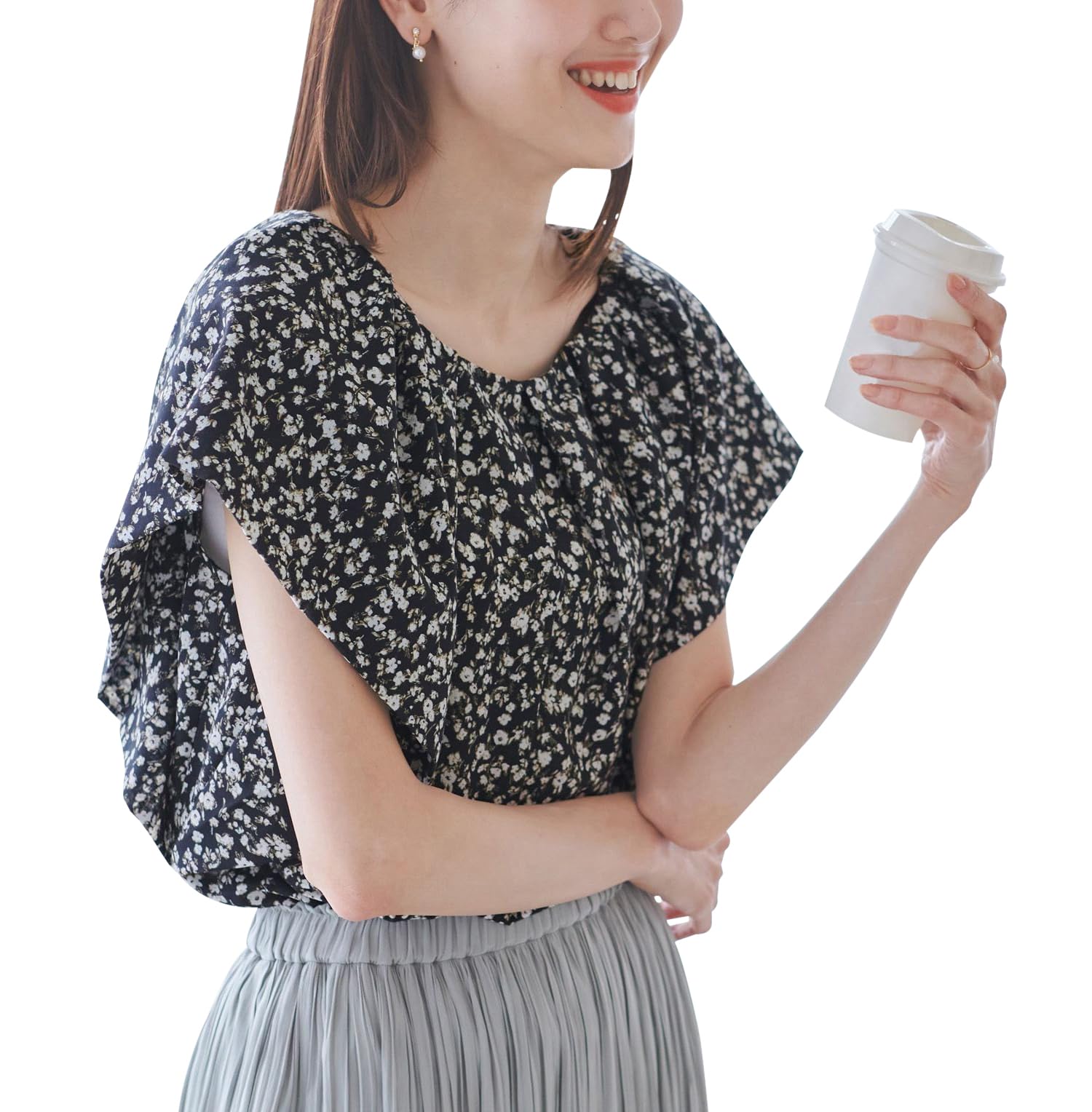 

ROPE PICNIC Ruffle Sleeve Black Women s Blouse, (03)