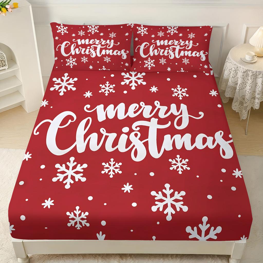 3Pcs Merry Christmas Red Print Coreless Fitted Shee Set Multiple Size Soft Bedcover Bedroom Bedding Decorations Machine Washable