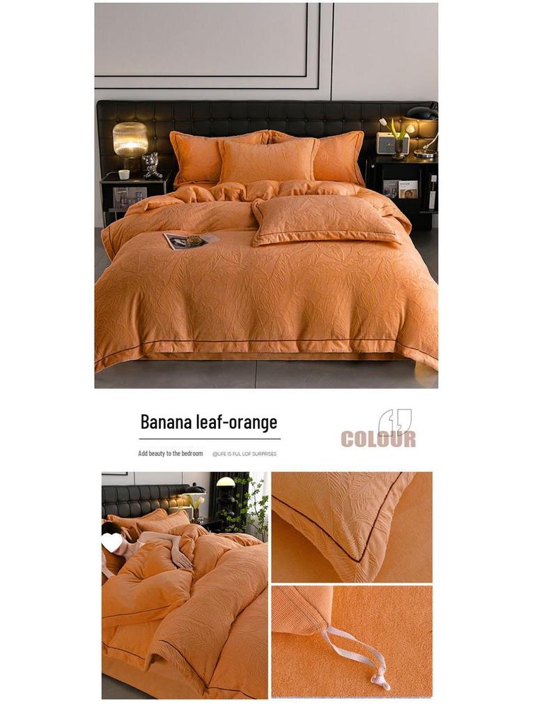 G5Z2025 Autumn/Winter Milk Velvet 4-Piece Solid Color Luxury Carved Bedding Set with Fitted Sheet.