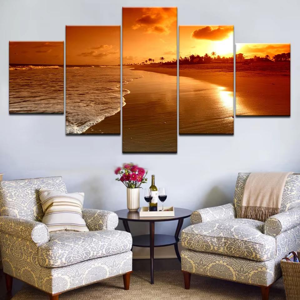 5 Stück Cleopatra Ozean Leinwandbild Wandkunst Oranger Himmel Ozeanstrand Multi Türkei Sandstrand Sonnenaufgang Wanddekoration Ohne Rahmen
