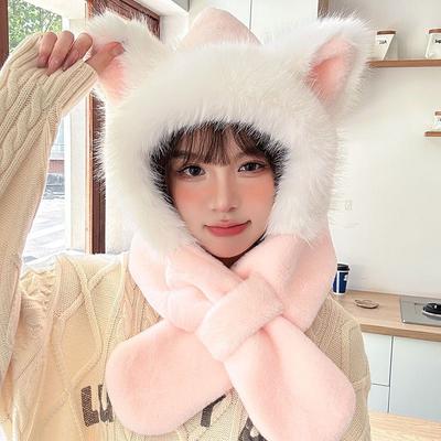 Nouveau Chapeau Oreilles de Renard Intelligent pour Femmes Automne et Hiver Cyclisme Chaud et Coupe-froid Chapeau en Peluche et Écharpe Pièce Unique Ensemble Deux Pièces