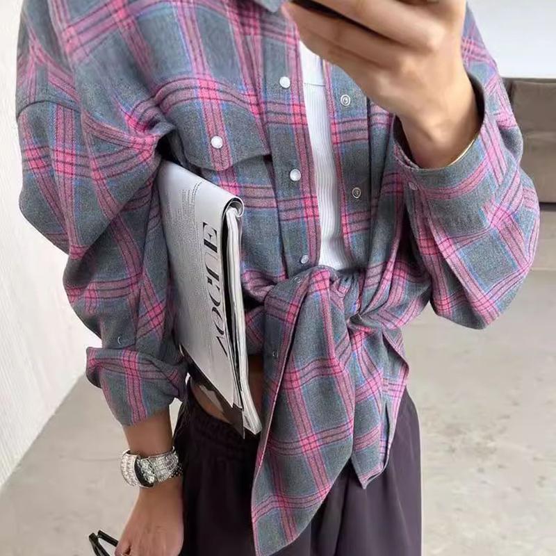 

Рубашка свободного кроя в винтажном стиле, осенняя, в клетку, с длинным рукавом, с карманом, женская рубашка на все случаи жизни, блузка с отложным воротником, женская 2025 M розовый