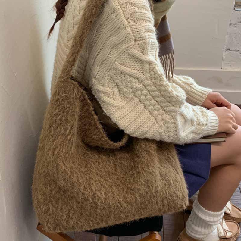 Korean Lazy Woolen Tote Bag Women's 2025 New Casual Retro Shoulder Bag Large-capacity Commuter Armpit Bag