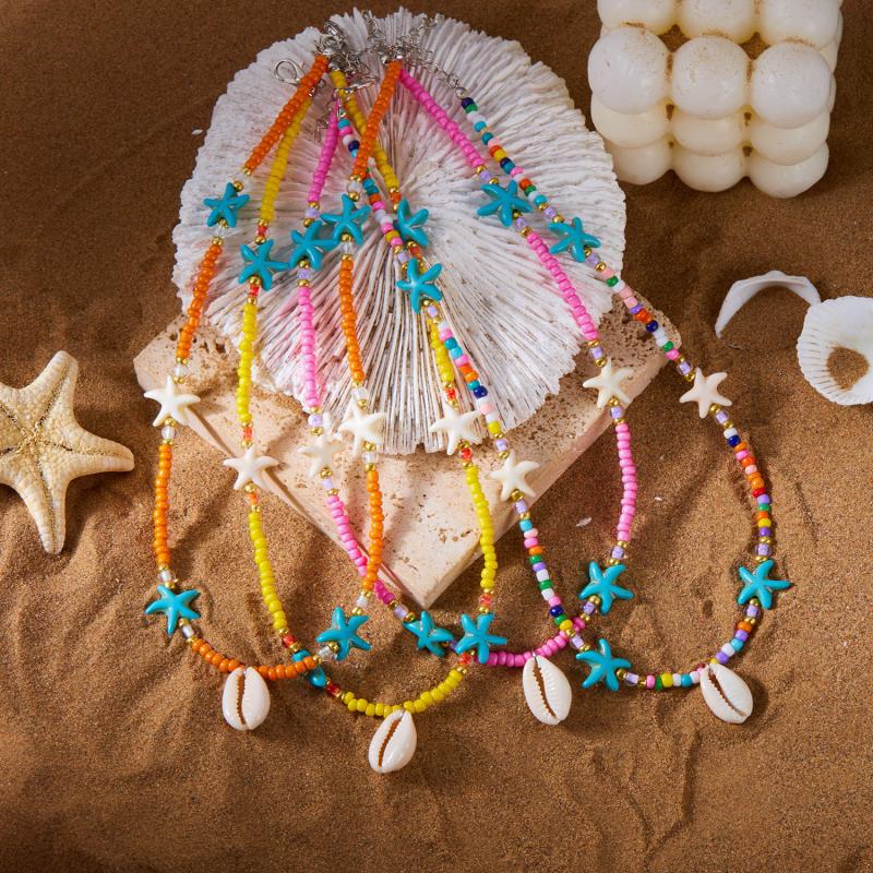 Bohemian Handmade Braided Beaded Seashell Starfish Pendant Clavicle Chain Necklace Women Beach Vacation Jewelry Accessories