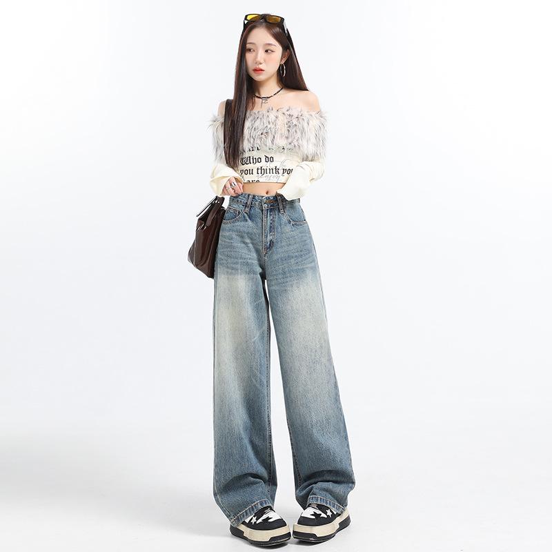 

2025 Retro High Waist Wide Leg Jeans for Women - Slimming, Draping, Floor-Length Medium