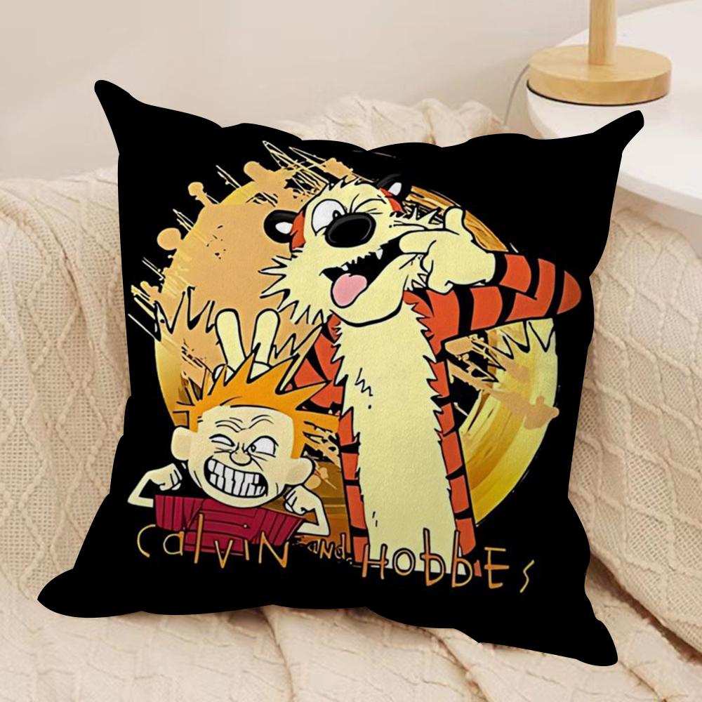 C-Calvin and H-Hobbes Cushion Cover Silky Short Plush Double-Sided Printed Pillow Case for Sofa All Seasons Home Decor Gift