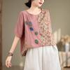 Summer Women T Shirts Floral Print Linen Shirt Plus Size Loose Casual Tops Elegant Sleeve Patchwork Tees 91688
