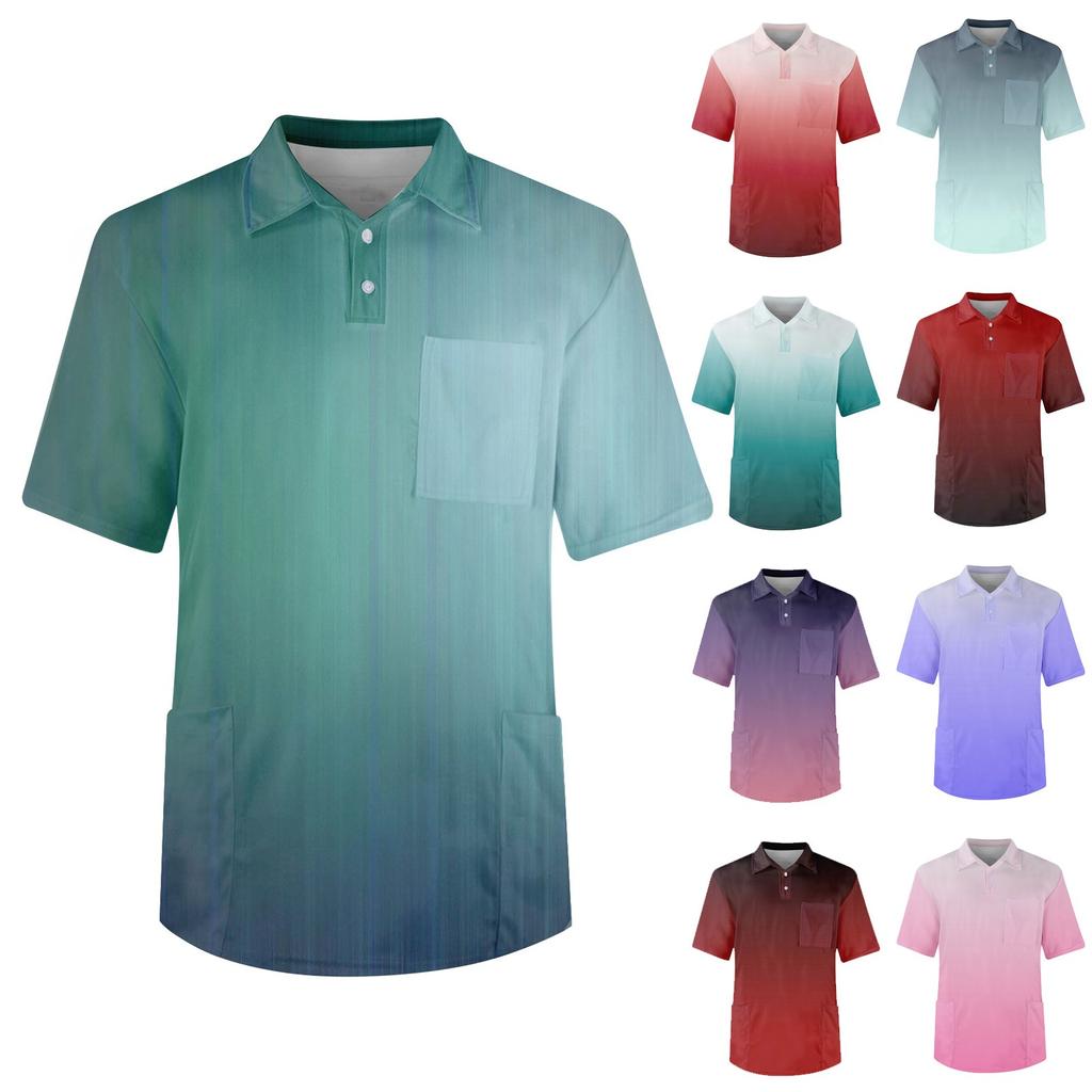 Pánské tričko s krátkým rukávem, knoflík klopa s přechodovým potiskem na hrudi, kapsa na sucho