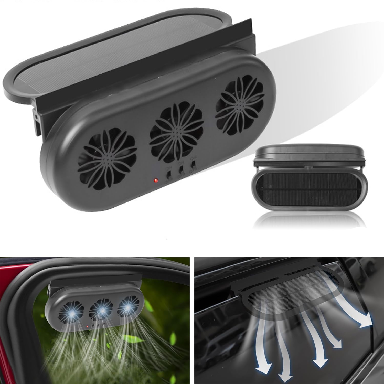 

Вентилятор для вентиляції автомобіля, Живлення від сонця та USB, Автомобільний вентилятор, Вентиляція автомобіля, Видалення гарячого повітря, чорний