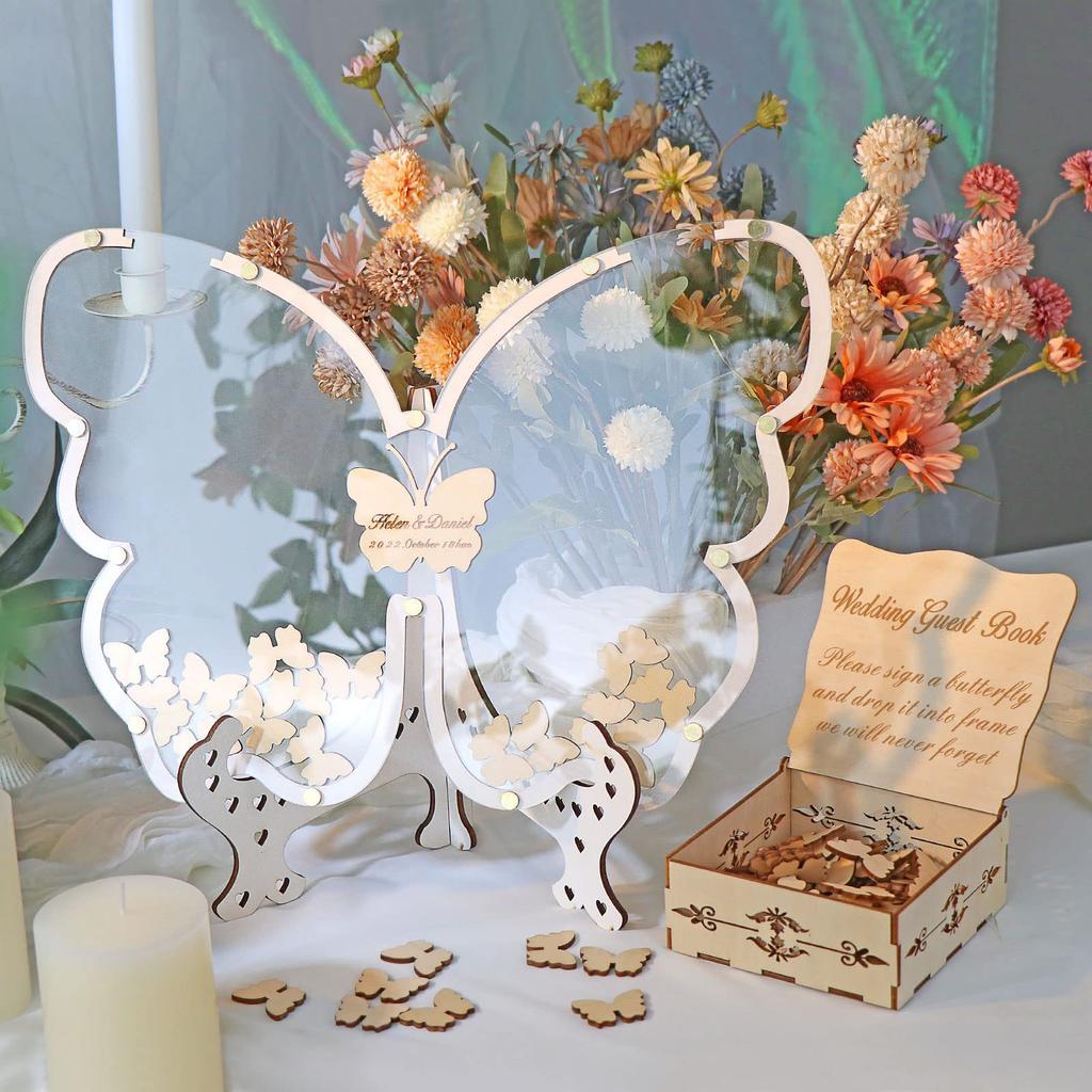 Wedding Guest Books Table With Butterfly Cutout Design And Acrylic Message Box For Venue Decoration