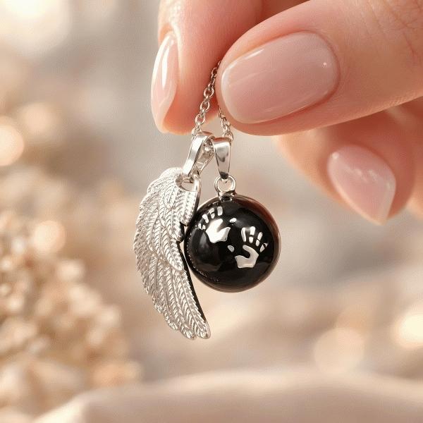 Maternity Bola with Double Angel Wing Pendant and Ball with Footprints