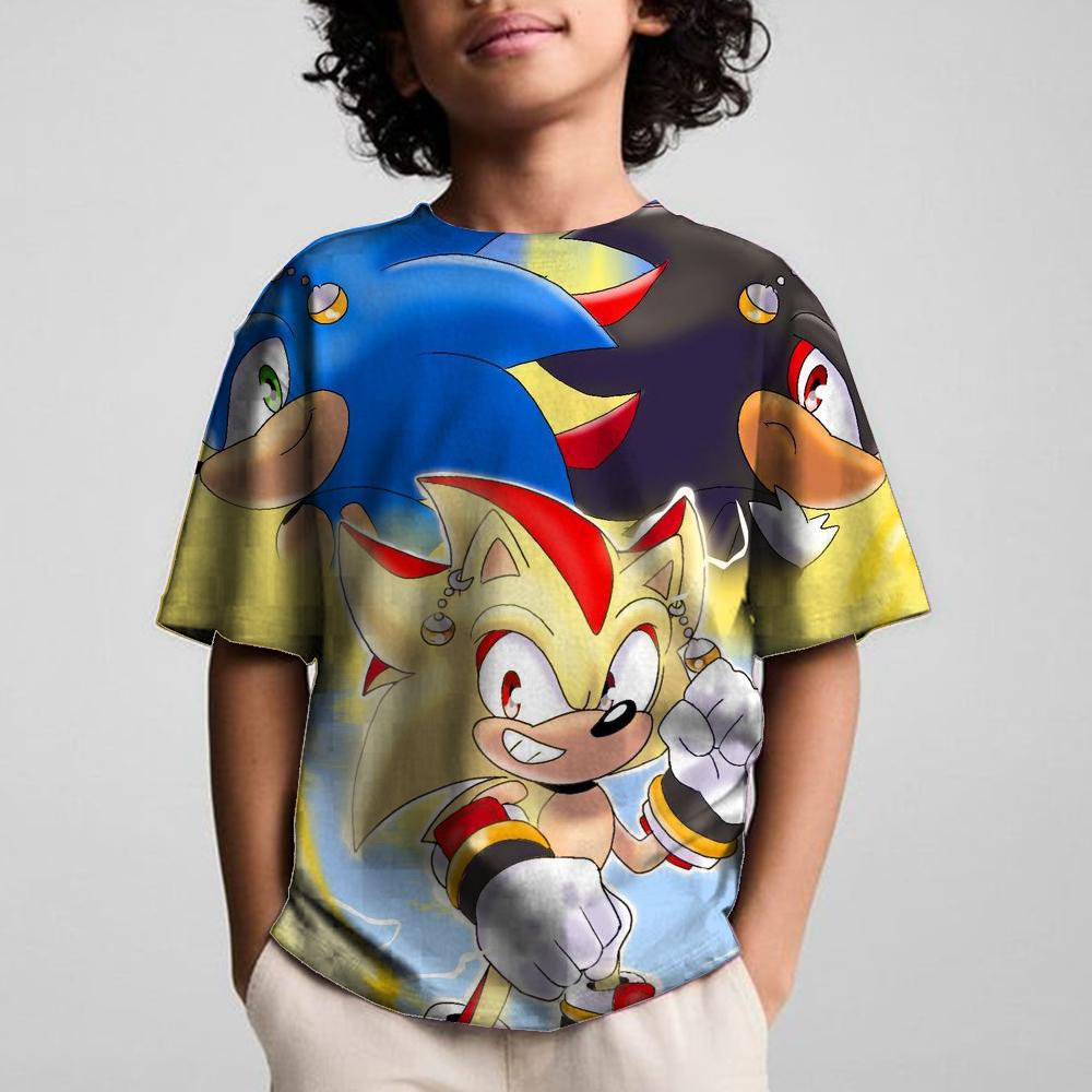 Round Neck 3D Cartoon Sonics Printed Casual Short Sleeved Children's Boy T-shirts - Soft Medium Stretch Polyester Fabric Summer Relaxed Fit Clothing