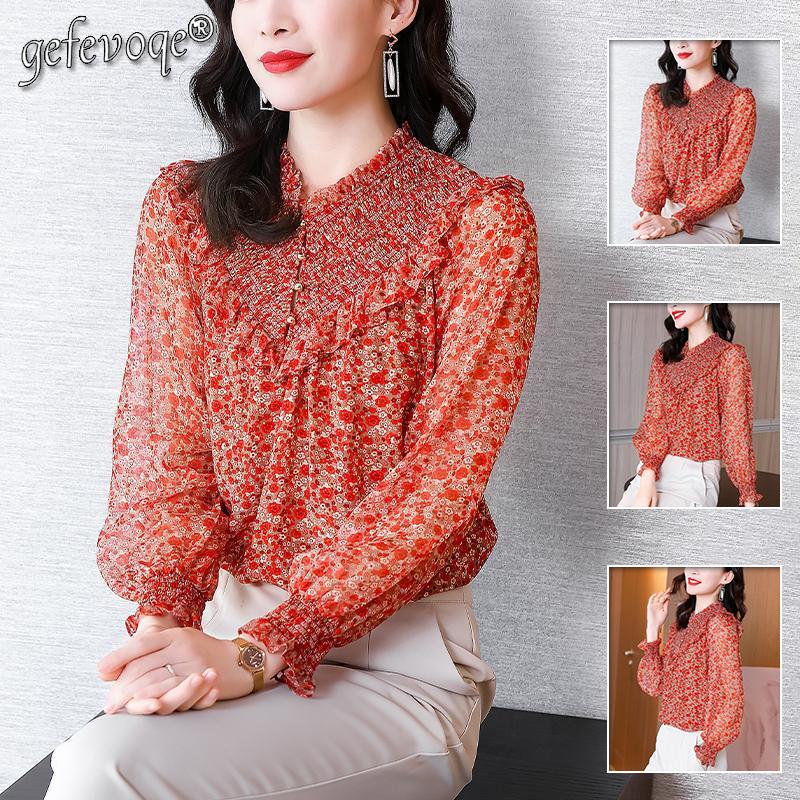 Vintage Elegant Printed Button Chiffon Shirt Spring Ruffled Neck Long Lantern Sleeve Loose Pullover Blouse Women's Clothing