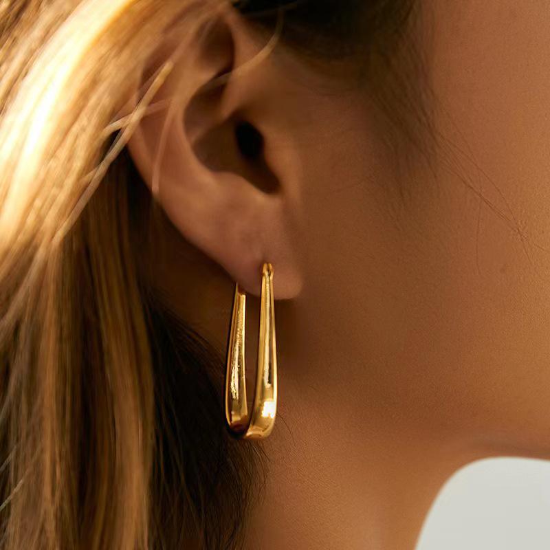 Copper-Plated 18K Gold U-Shaped Teardrop Hoops - Elegant Metal Style Earrings for Women