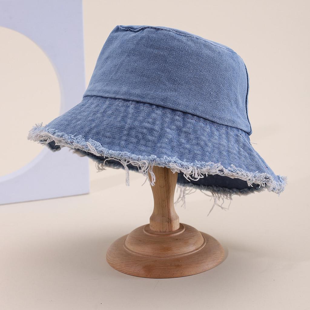 Vintage Frayed Decorative Denim Solid Bucket Hat for Women, Spring and Summer Sunshade, Sweet Pot Hat for the Face, Trendy and Trendy