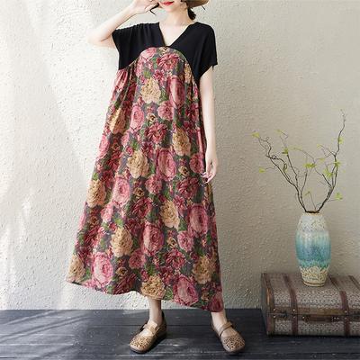 DIMANAF New 2025 Plus Size Summer Short Sleeve Dress Loose Women V-Neck Casual Vintage Flower Dress Maxi