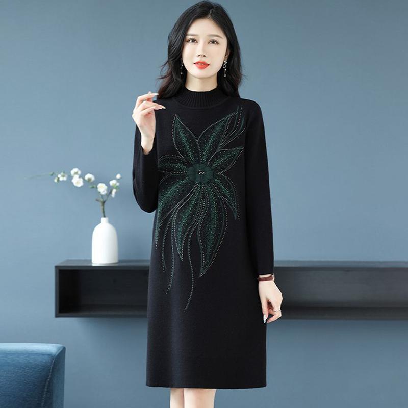 Robes pour Femme Coton Hiver Chaud Col Rond Manches Longues Vintage Décontracté Imprimé Long Tricot Stretch Pull Robes