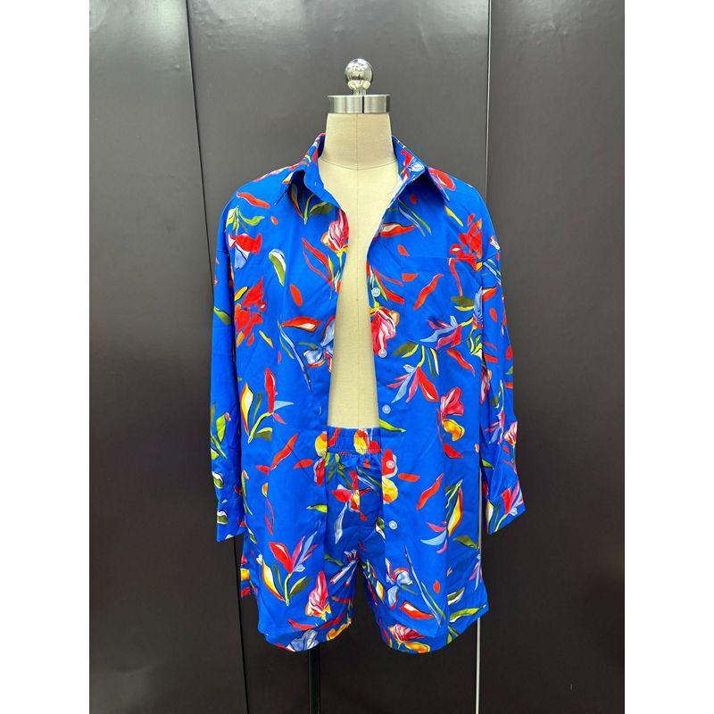 European and American Style Women's Spring and Autumn Casual Printed Long Sleeve Shirt and Shorts Two-Piece Set