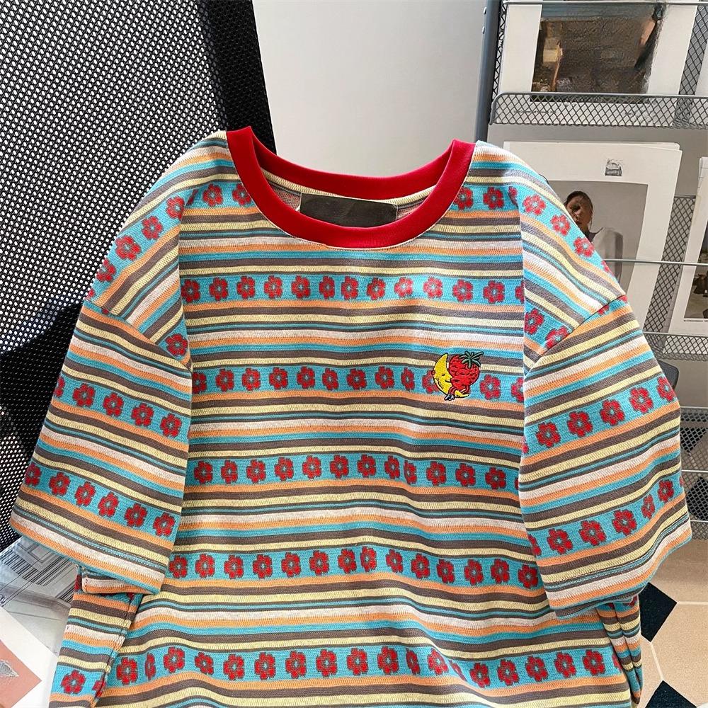 2024 Letní barevné tričko s květinovým potiskem pro ženy Oblečení Harajuku vintage Nadměrné tričko z čisté bavlny Dámské luxusní oblečení Y2k Topy