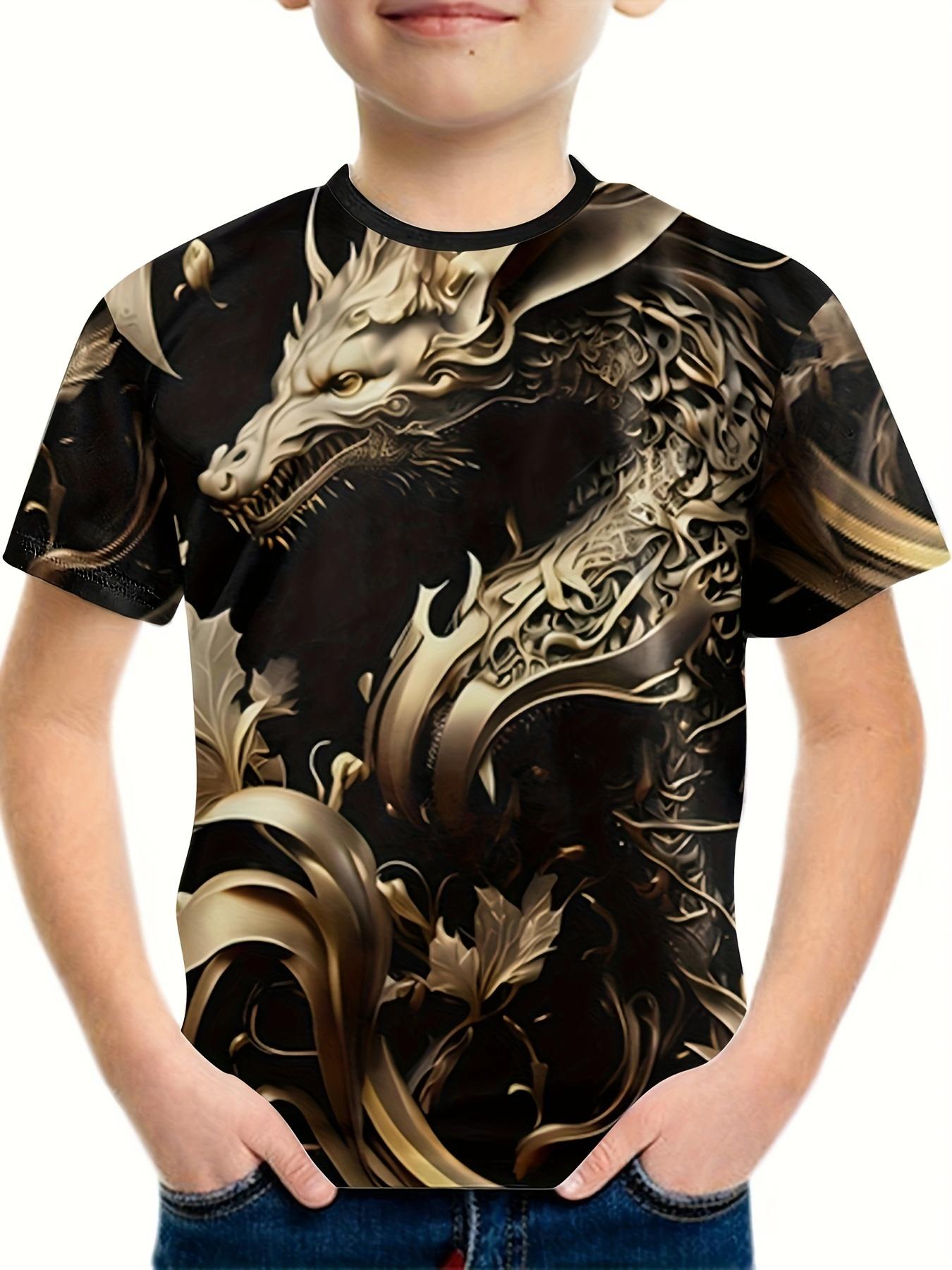 

Дитячий одяг Футболки для хлопчиків з коротким рукавом Дитяча футболка Стильний 3D графічний принт дракона Повсякденний літній одяг для дівчаток Топи 120