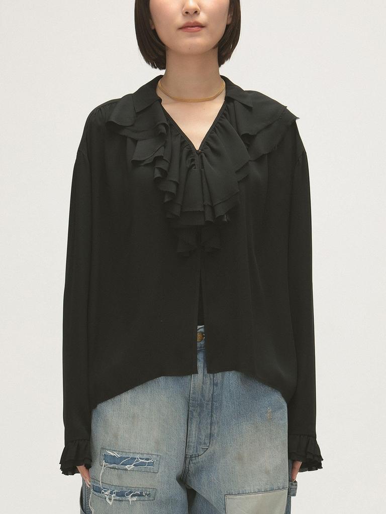 Beams Boy Women's Large/Small Shirt, M.Amnz_RuflBlous, Black, Free Size, 13110450452