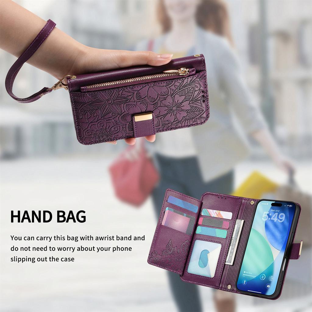 For iPhone 17 Pro Case Floral Leaf Pattern Multi Card Slots Zipper Leather Phone Cover with Wrist Strap